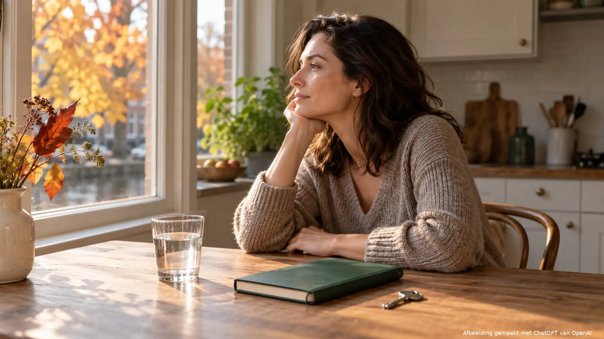 Vrouw aan een houten keukentafel bij het raam met een glas water, een gesloten notitieboek en een huissleutel.