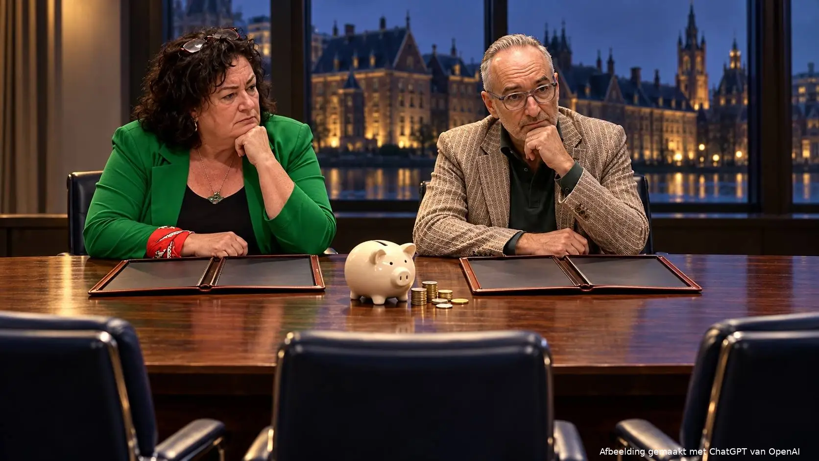 AI-illustratie van Caroline van der Plas en Henk Vermeer aan een onderhandelingstafel met lege voorstelmappen, een spaarpot en drie lege stoelen tegenover hen.