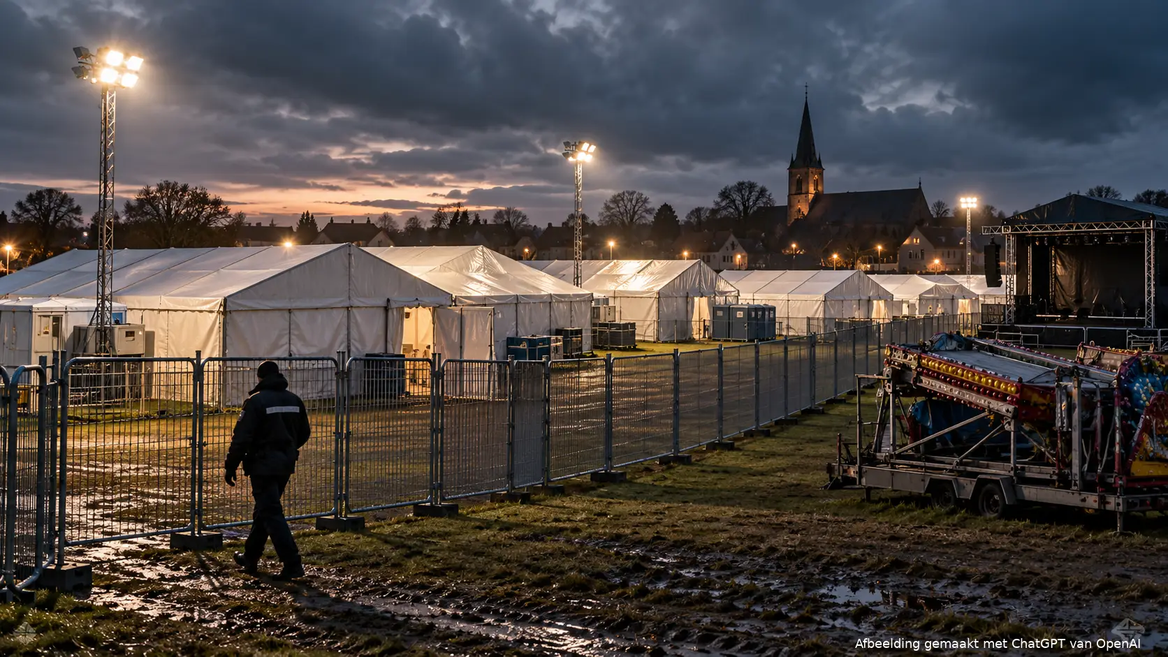 Witte opvangtenten en bouwhekken op een dorpsevenemententerrein, met een beveiliger en een ingeklapte kermisattractie