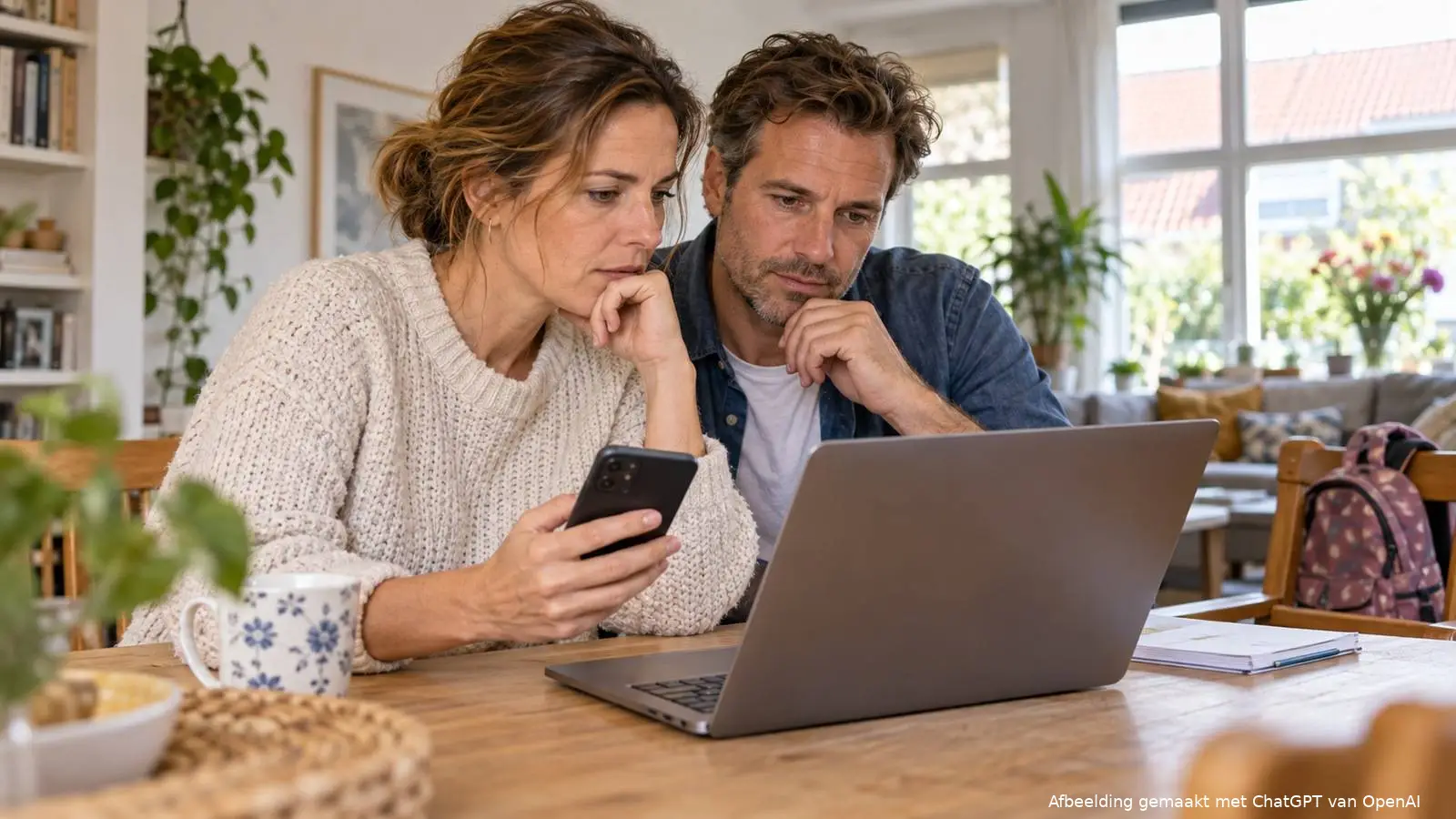 Ewee ouders die samen naar een laptop kijken, terwijl de moeder een telefoon vasthoudt.