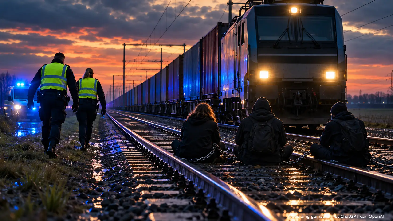 Vastgeketende actievoerders voor een stilstaande goederentrein, met naderende agenten en blauw zwaailicht.