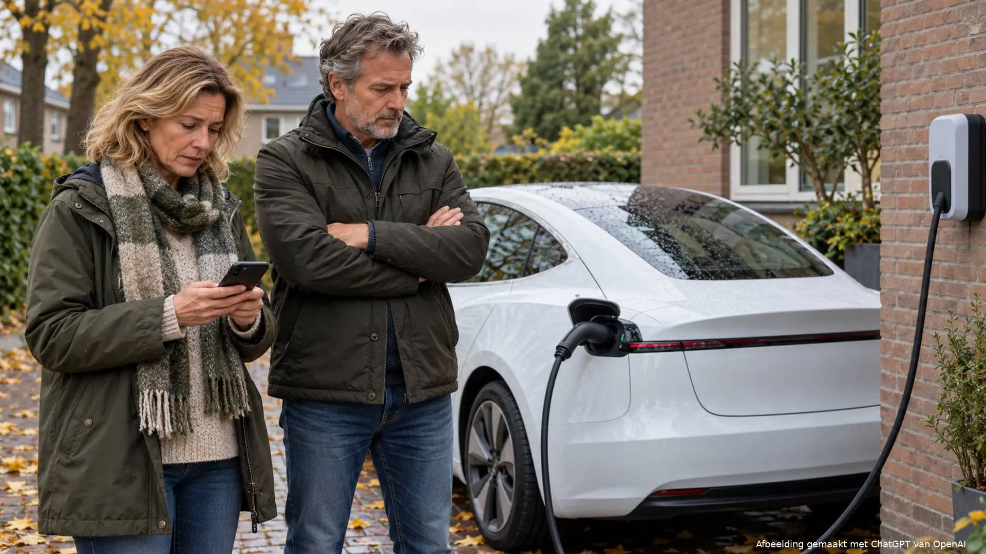 Man en vrouw staan bezorgd naast hun witte elektrische auto bij een laadpaal op de oprit.
