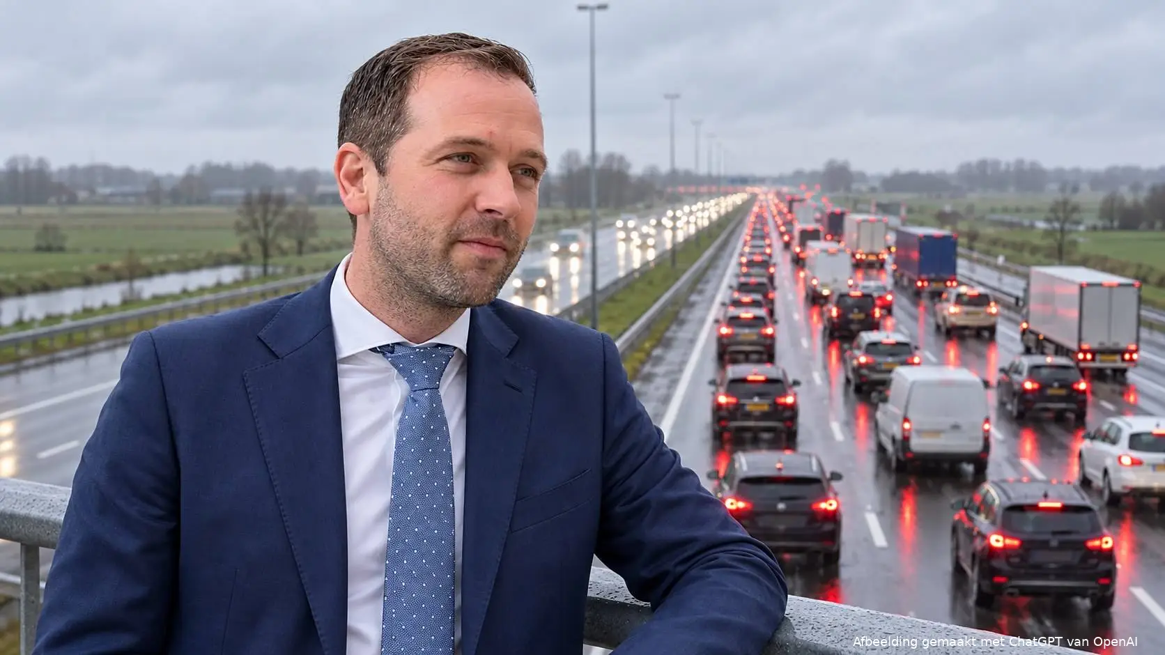 Bikkers staat op een viaduct boven een natte snelweg vol files en remlichten, onder een grijze regenlucht