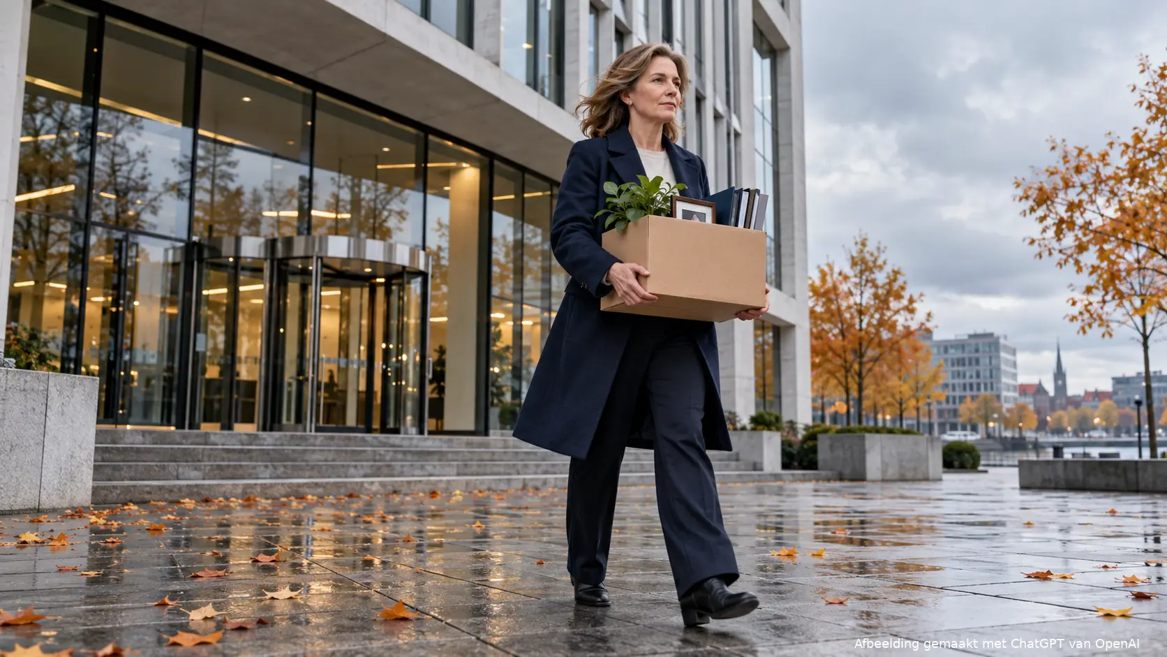 Vrouw loopt met een kartonnen doos vol spullen weg van een groot kantoorgebouw.