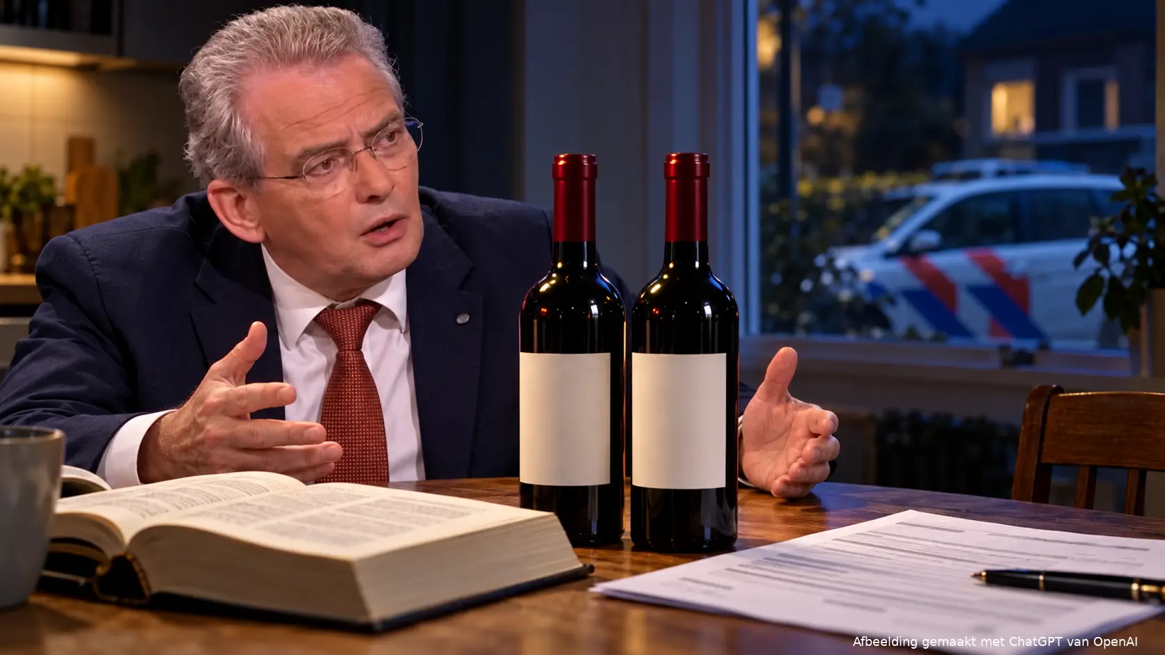 Illustratie van Roelof Bisschop aan een keukentafel met twee wijnflessen, een wetboek en een aangifteformulier, met buiten een politieauto.
