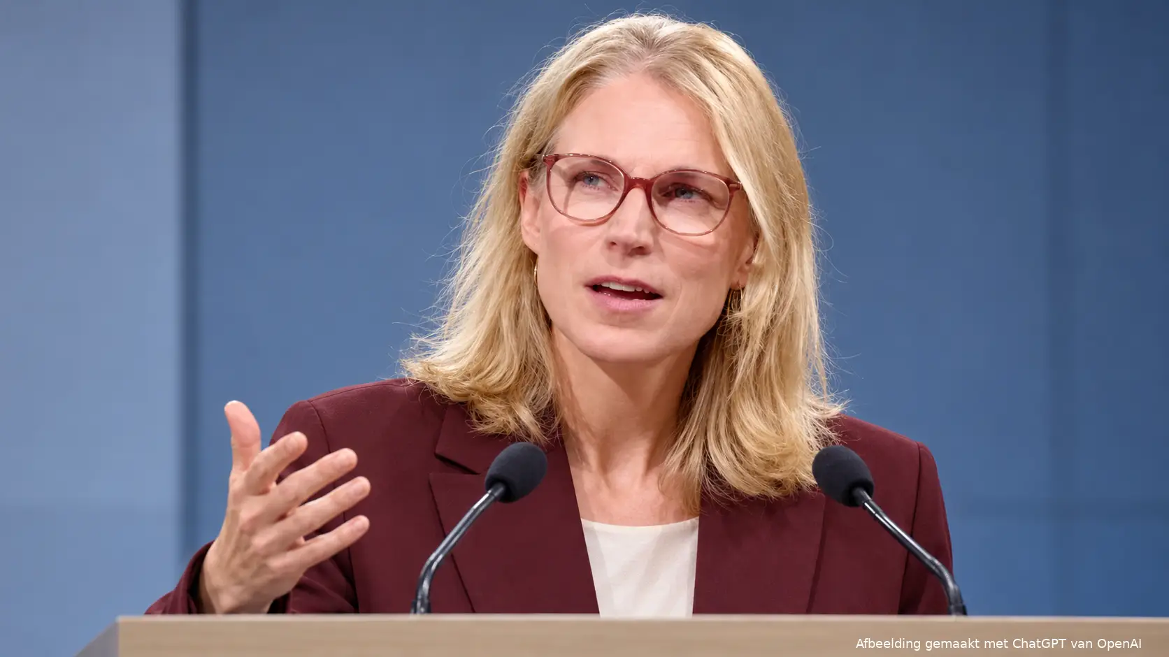 Illustratie van minister Elanor Boekholt-O’Sullivan achter een spreekgestoelte, na haar akkoord over extra woonruimte voor statushouders
