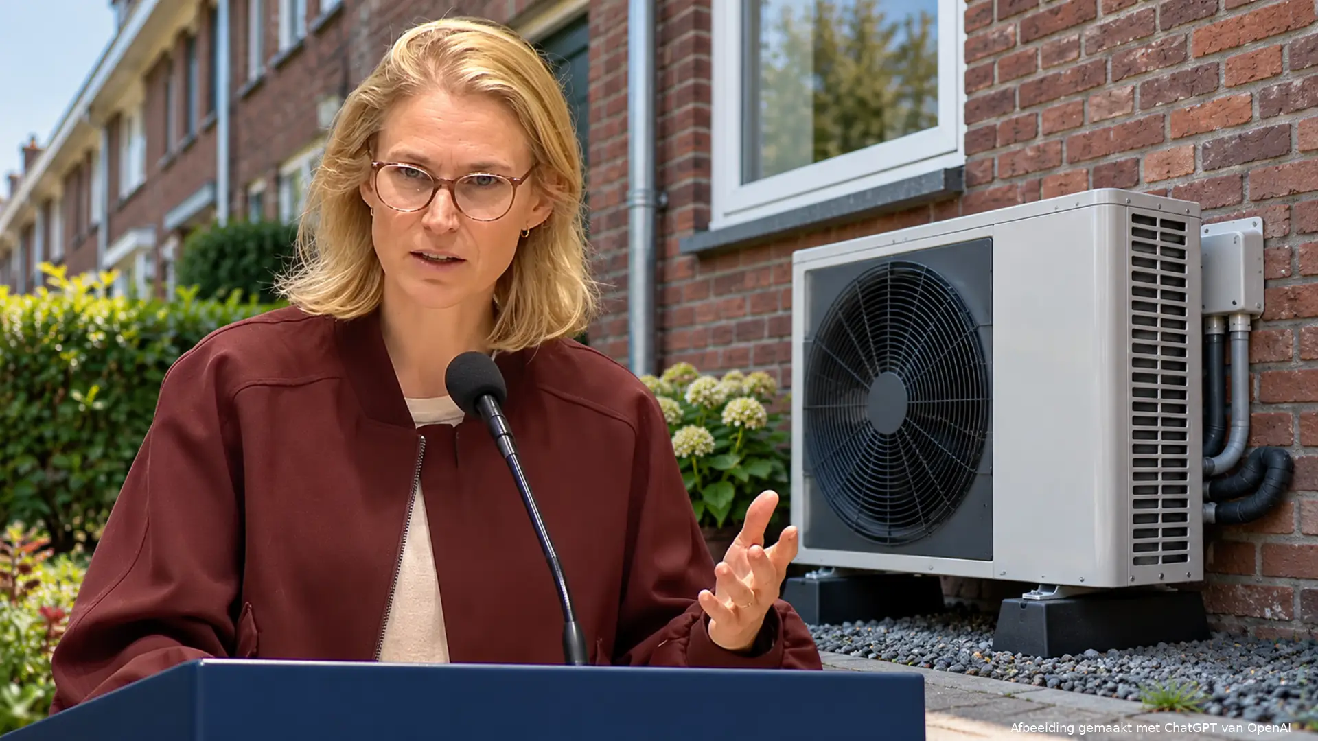 Redactionele illustratie van Elanor Boekholt-O’Sullivan achter een spreekgestoelte, met een Nederlandse rijwoning en warmtepomp op de achtergrond.
