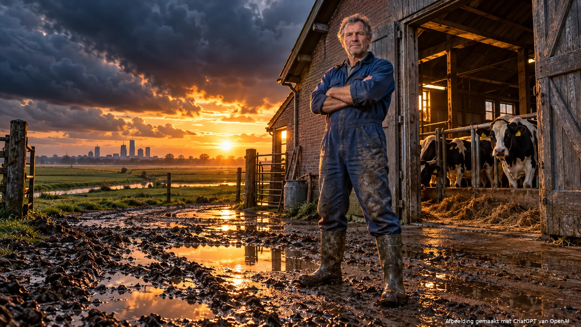 Vastberaden boer met gekruiste armen op een modderig erf bij zonsopgang, met koeien in de stal achter hem.