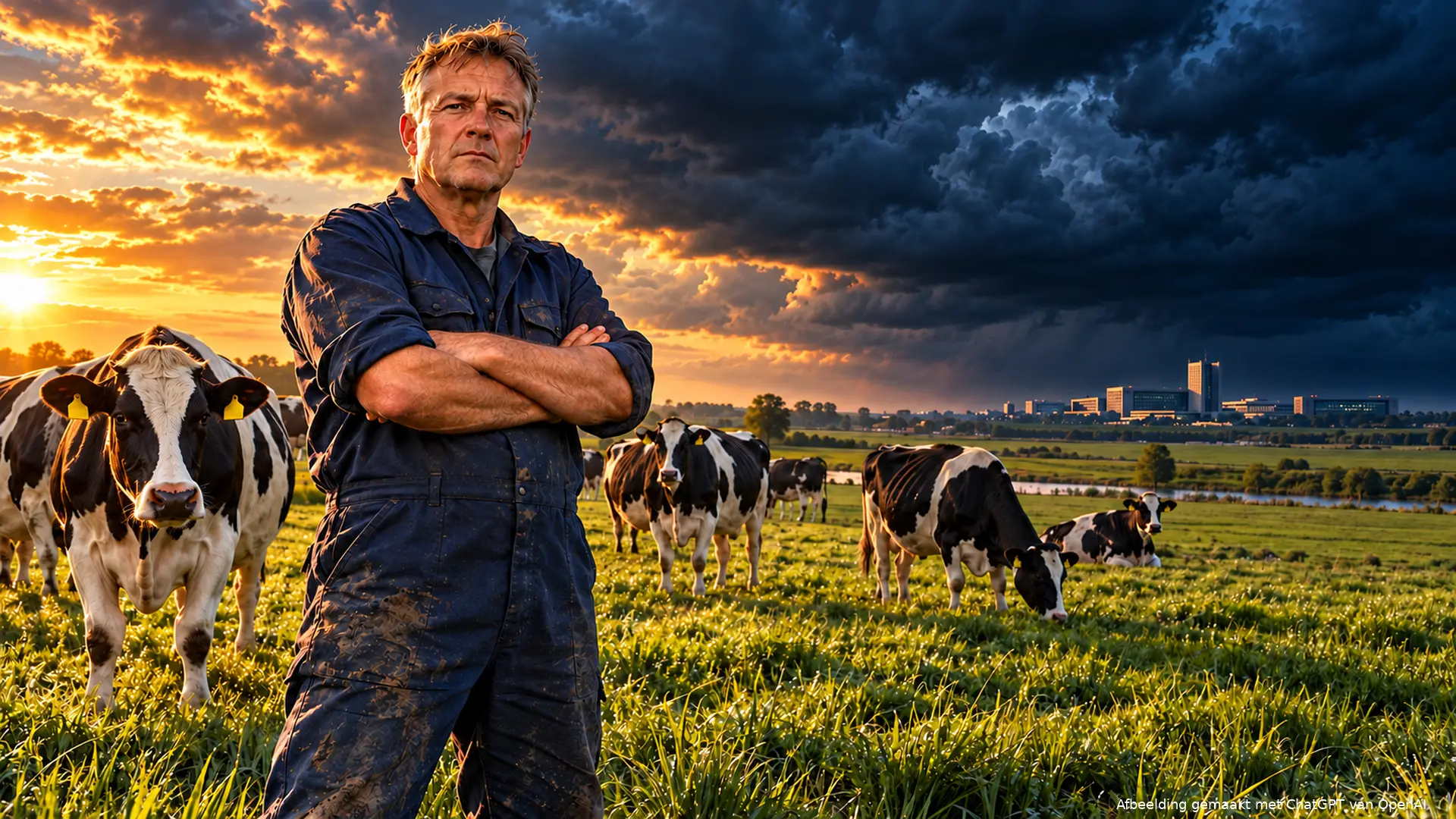 Vastberaden melkveehouder tussen zwartbonte koeien, met een overheidsgebouw onder donkere wolken aan de horizon.