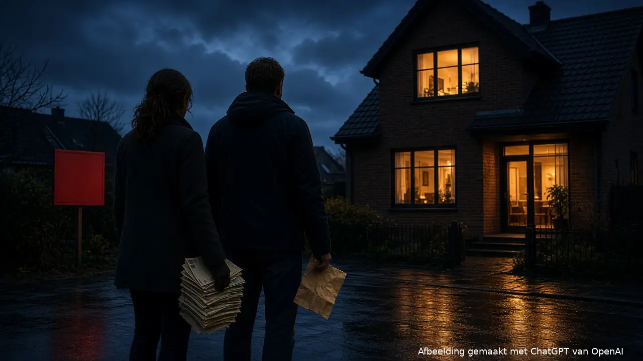 Een jong stel staat van achteren gezien op een natte straat in de avond voor een verlicht bakstenen huis; de vrouw houdt een stapel papieren vast, de man een bruine envelop.