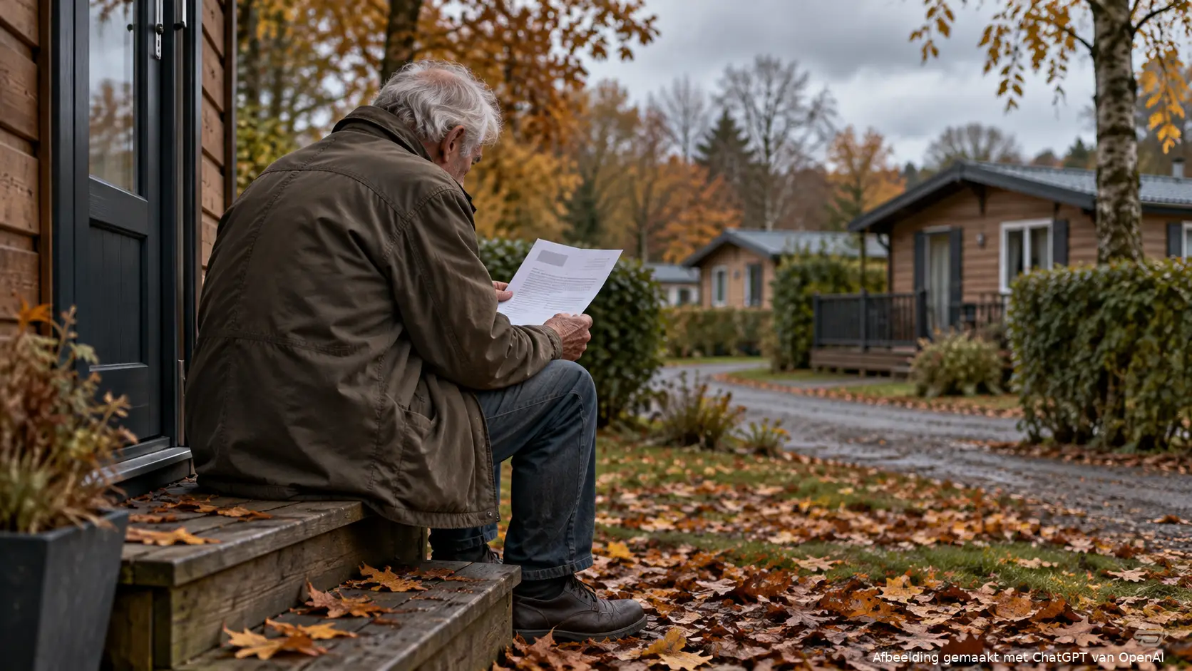 Oudere man met een brief van de gemeente op het trapje van zijn chalet op een vakantiepark in de herfst