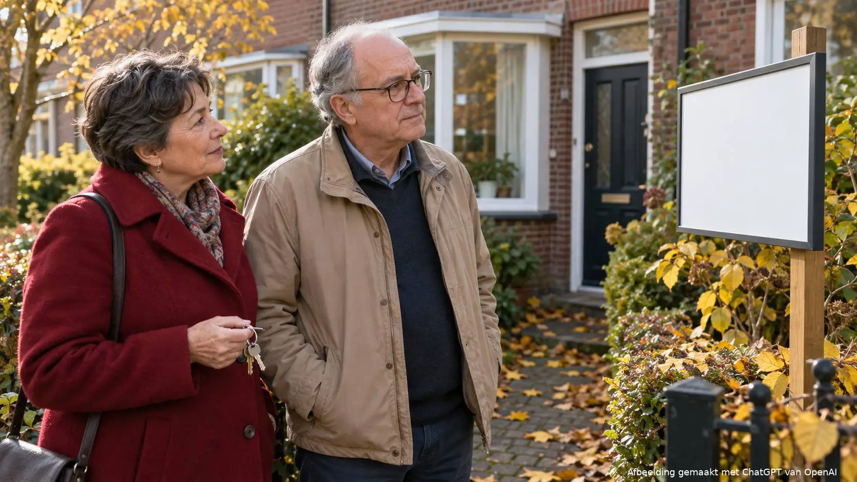 Broer en zus staan voor een rijtjeshuis met een verkoopbord in de voortuin; de zus houdt de huissleutels vast.