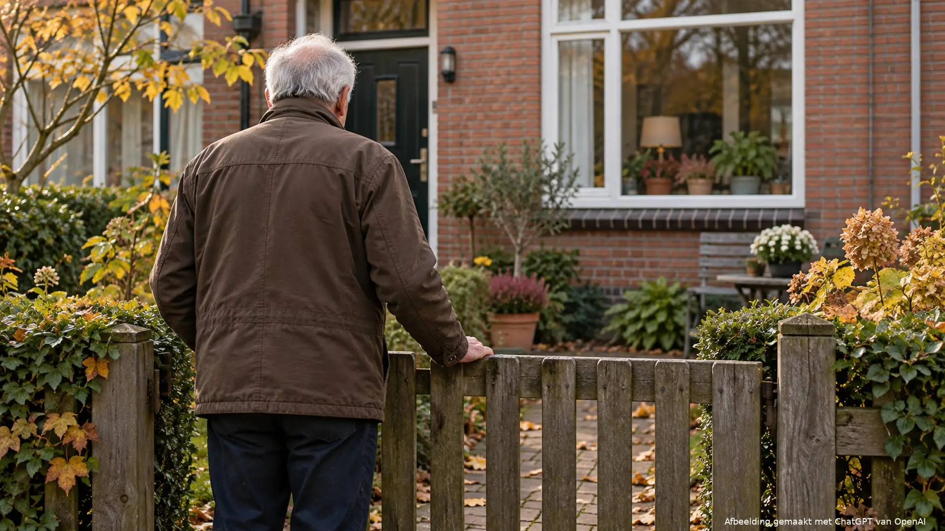 Oudere man staat met zijn rug naar de camera bij het tuinhek van een benedenwoning, tussen herfstbladeren.