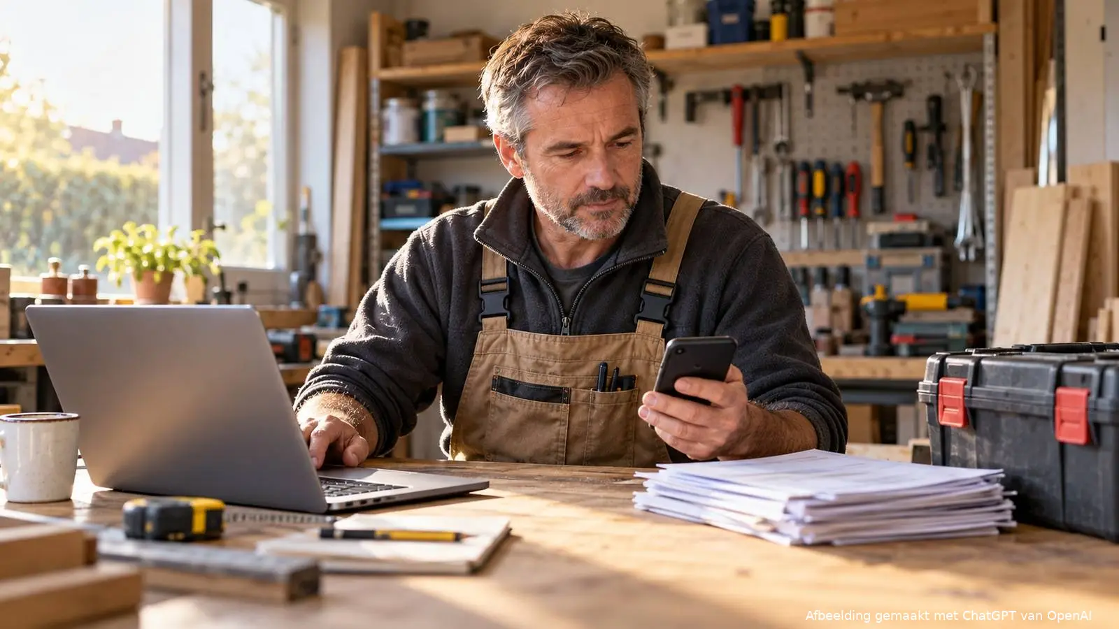 Een ondernemer die op zaterdagochtend zijn btw-administratie en betaling afrondt.