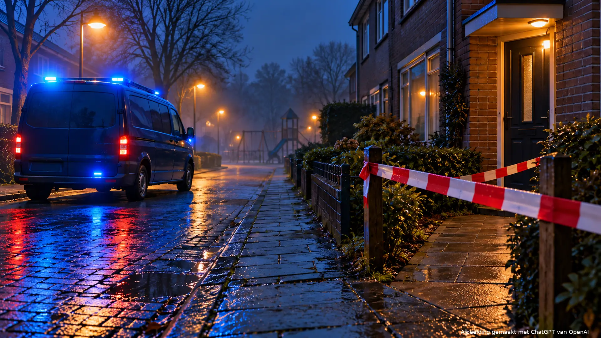 Politiebusje met blauwe zwaailichten bij een afgezet tuinpad in een Nederlandse woonwijk, met een lege speeltuin in de ochtendmist.