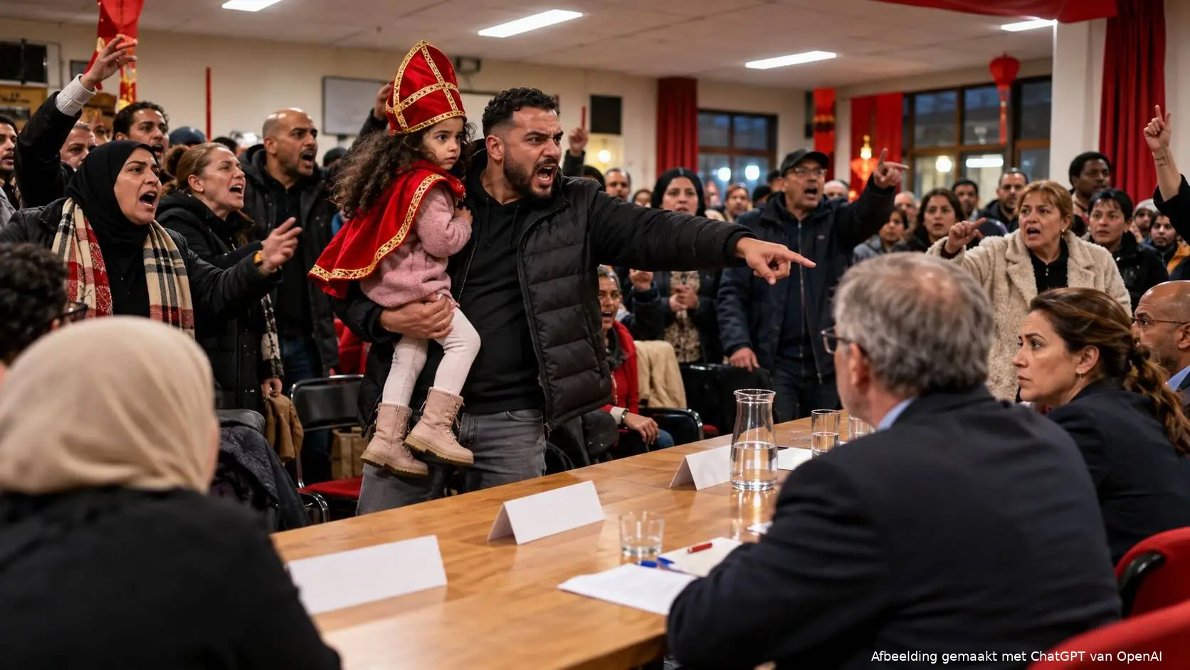 Boze vader met dochtertje met Sinterklaasmijter wijst naar de wijkraadtafel in een volle buurthuiszaal