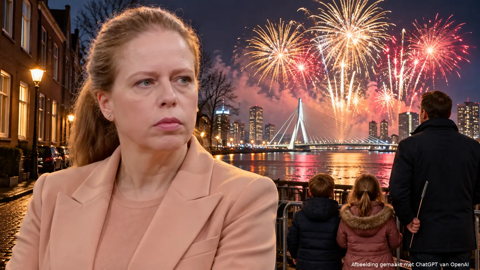 Illustratie van Carola Schouten bij een gezin achter een dranghek, met professioneel vuurwerk boven een havenbrug op de achtergrond.