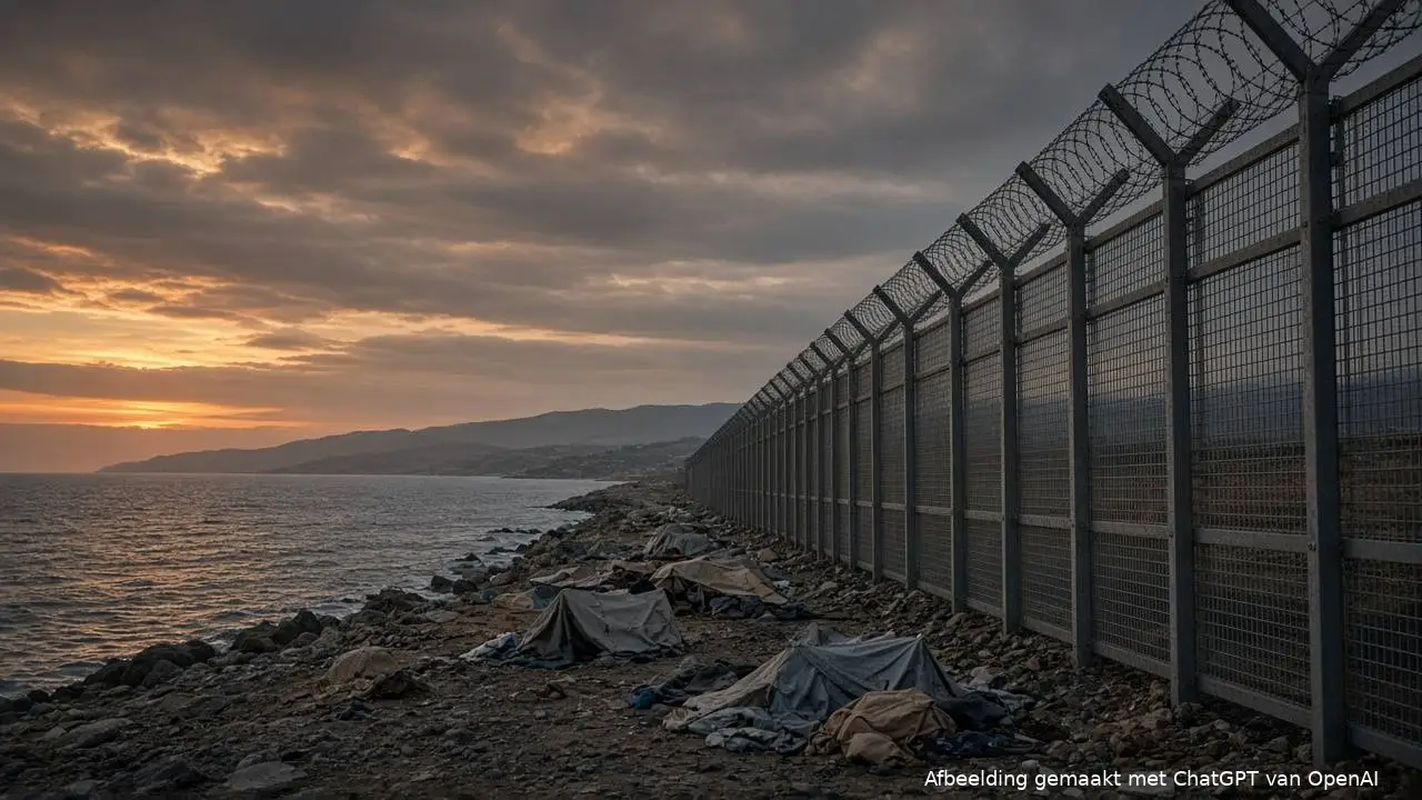 Een hoog grenshek met prikkeldraad langs een rotsachtige kust in de schemering, met verlaten tentjes en dekens op de grond ervoor, de zee en een heuvelachtige kust op de achtergrond, zonder mensen (AI-beeld)