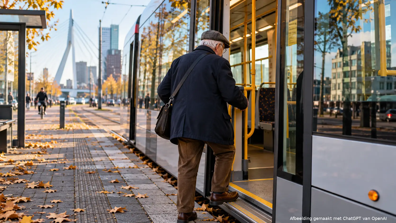 Illustratie van een oudere man die in een tram stapt.
