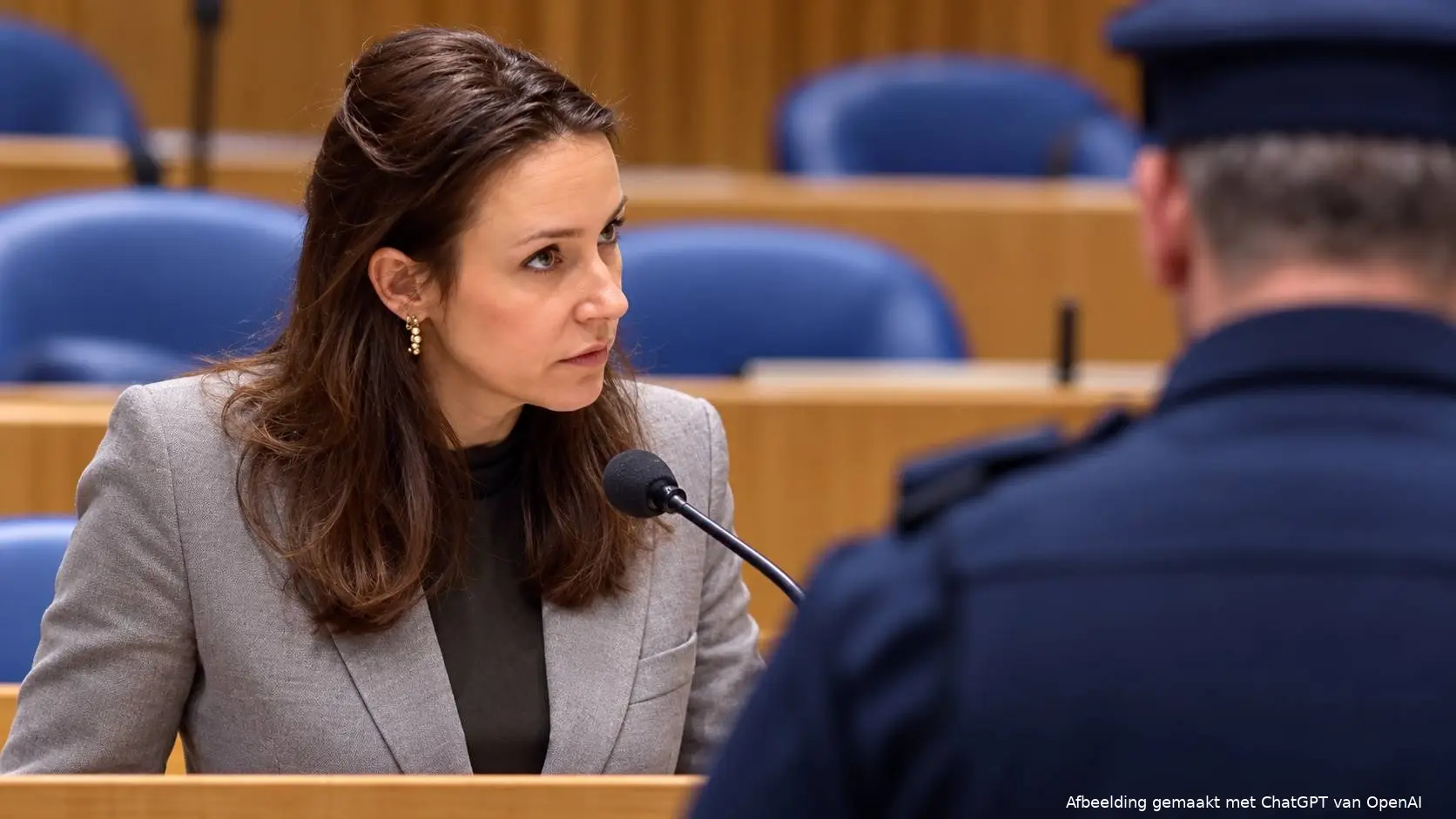 AI-illustratie van Claire Martens-America in de Tweede Kamer, met op de voorgrond een boa van achteren in neutraal uniform.