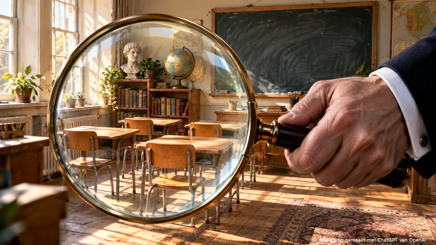 Hand met vergrootglas boven een klein klaslokaal met vier lege stoeltjes, symbool voor de jacht op de FVD-school