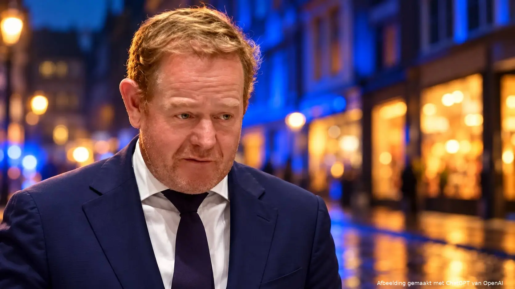 AI-illustratie van David van Weel voor een onscherpe Haagse winkelstraat met warme etalageverlichting en blauwe lichtreflecties.