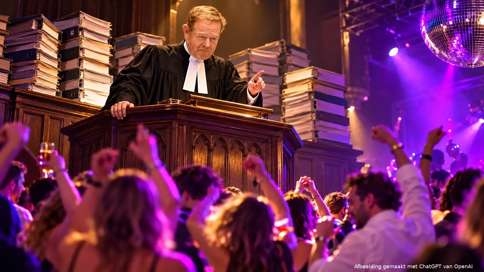 Satirische AI-illustratie van David van Weel als strenge dominee boven een paars verlichte dansvloer, met stapels dossiers achter hem.