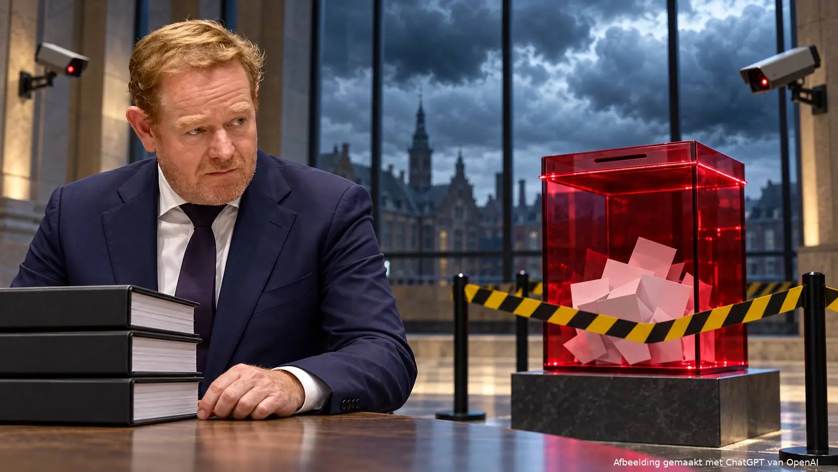 VVD-minister David van Weel bij een stapel rapporten naast een rode stembus achter afzetlint en bewakingscamera's