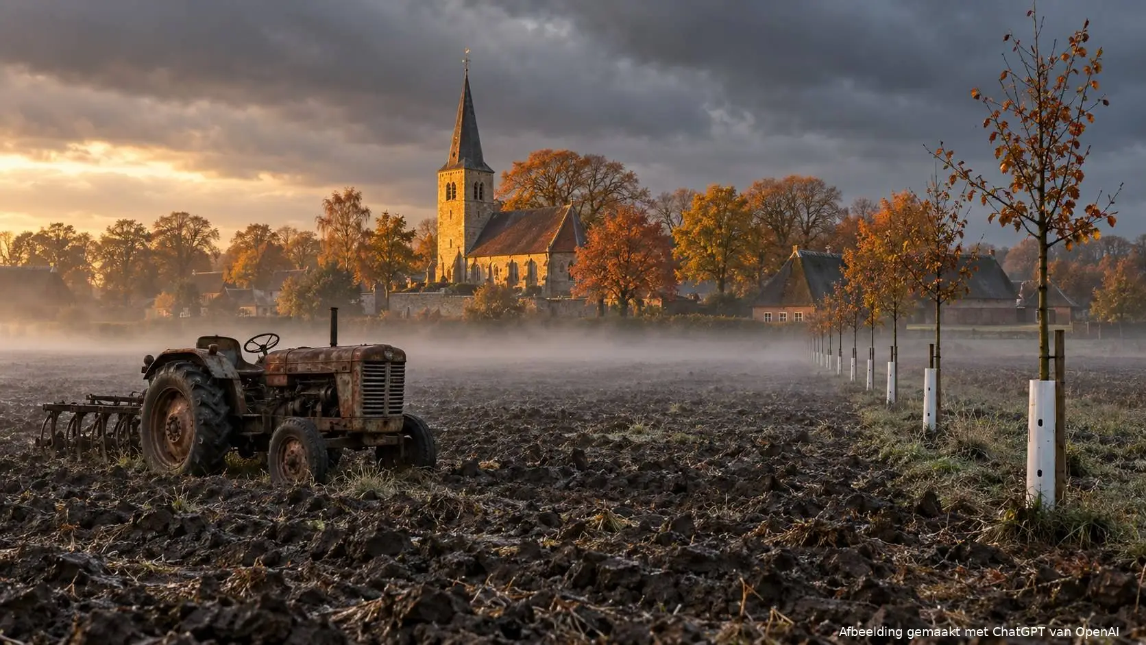 Verlaten trekker op een akker met een oude dorpskerk op de achtergrond: de kerk in Rolde verkoopt pachtgrond aan de provincie