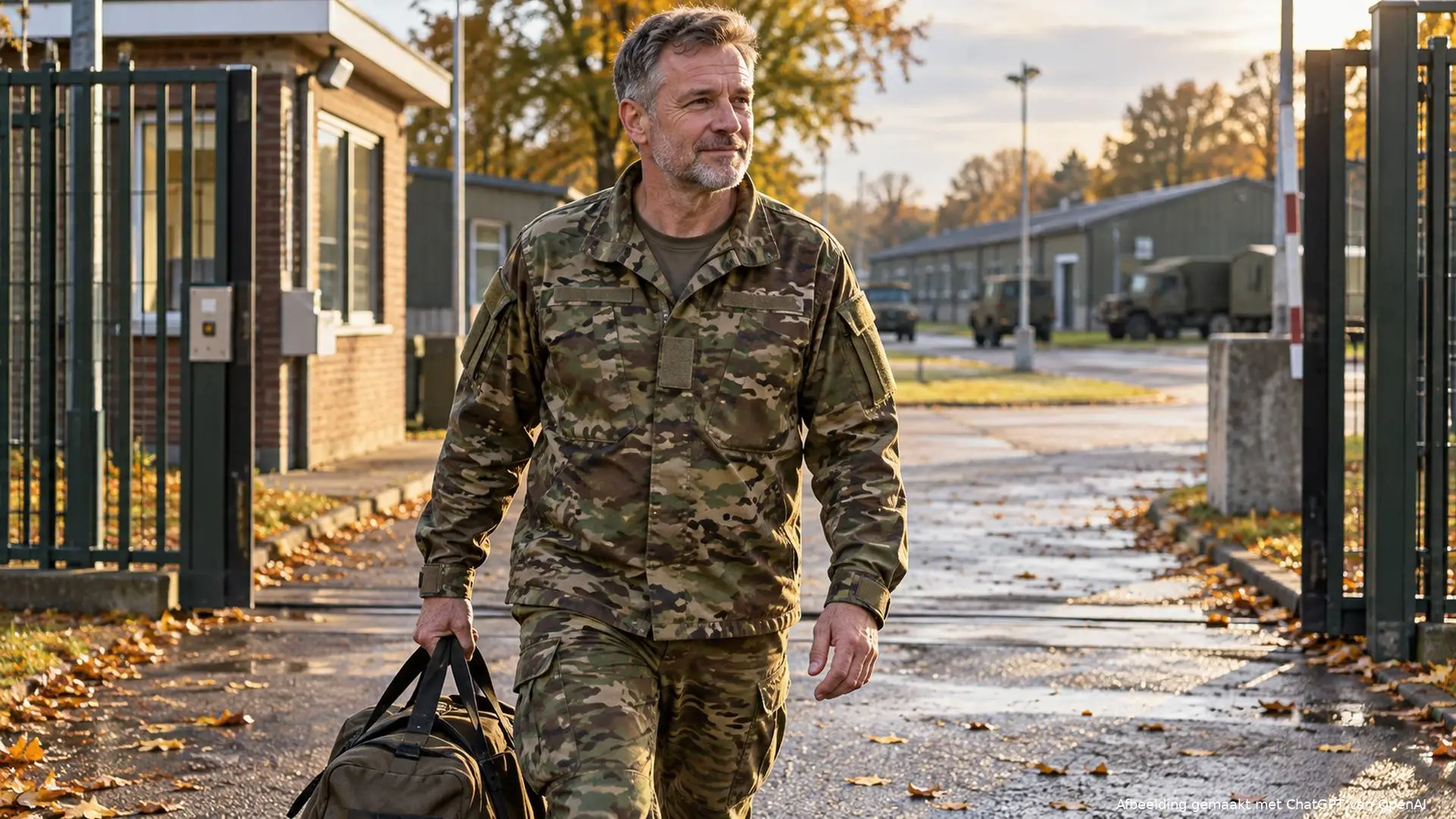 Defensiemedewerker verlaat met een sporttas een kazerne in herfstlicht.