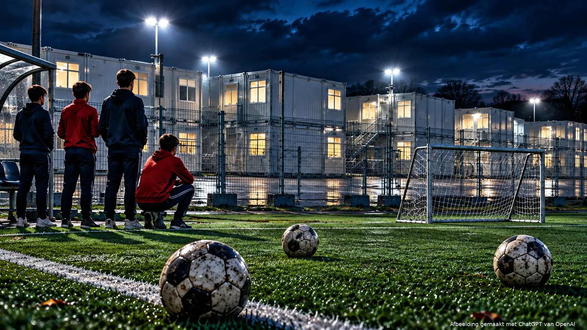 Jonge voetballers kijken vanaf de zijlijn naar witte wooncontainers achter een bouwhek.