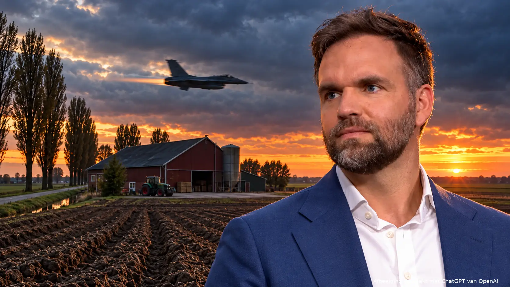 Illustratie van Derk Boswijk voor een Flevolandse boerderij, met een laagvliegende straaljager boven het erf bij zonsondergang.