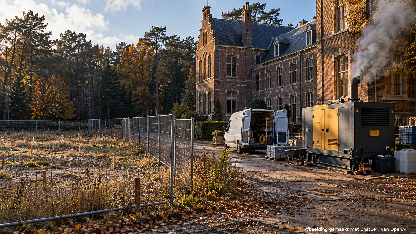 en rokend dieselaggregaat bij een oud instellingsgebouw, naast een overwoekerde bouwkavel.