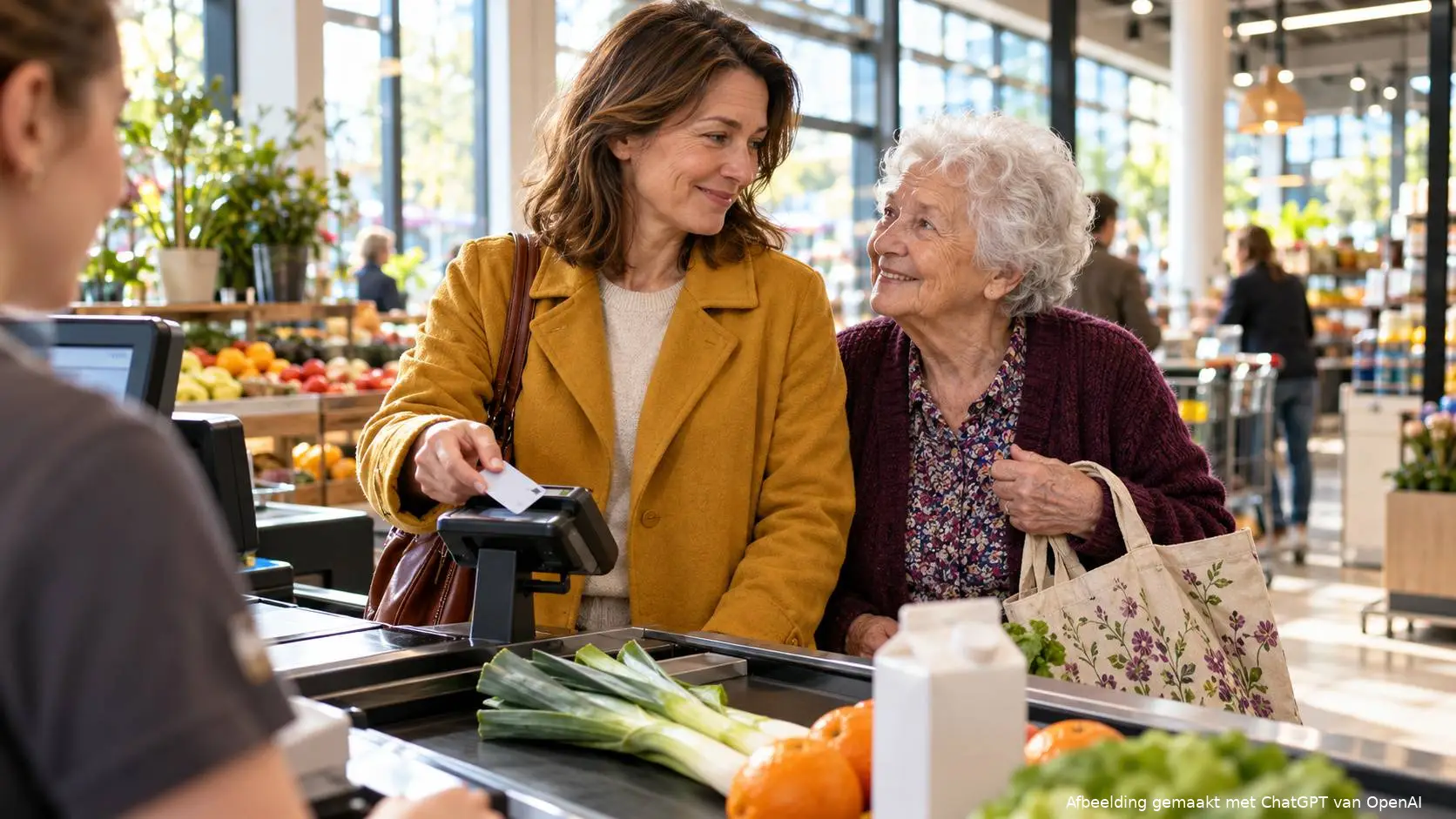 Dochter betaalt de boodschappen bij de supermarktkassa terwijl haar oudere moeder met een boodschappentas naast haar staat.
