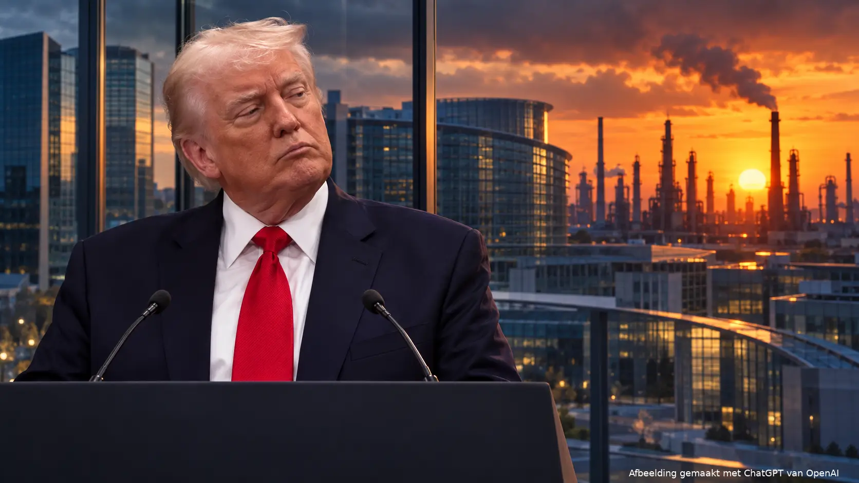 Illustratie van Donald Trump achter een spreekgestoelte, met Brussel en een olieraffinaderij bij zonsondergang op de achtergrond.