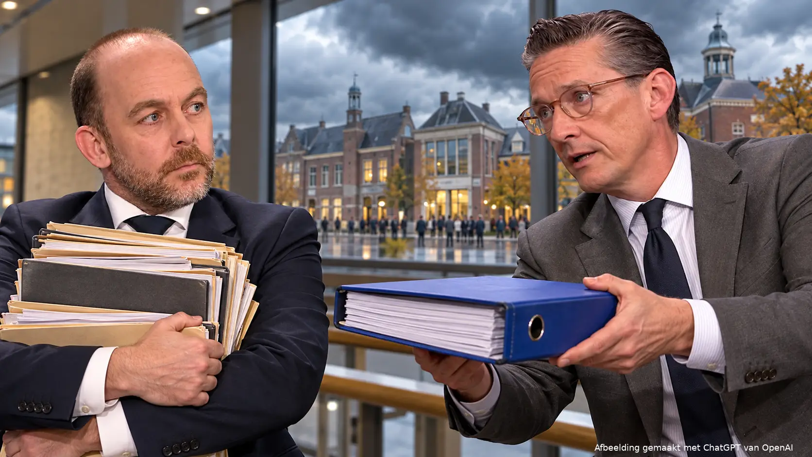 Illustratie van Bart van den Brink met een stapel dossiers, terwijl Joost Eerdmans hem een blauwe map aanreikt in de wandelgangen van de Tweede Kamer.