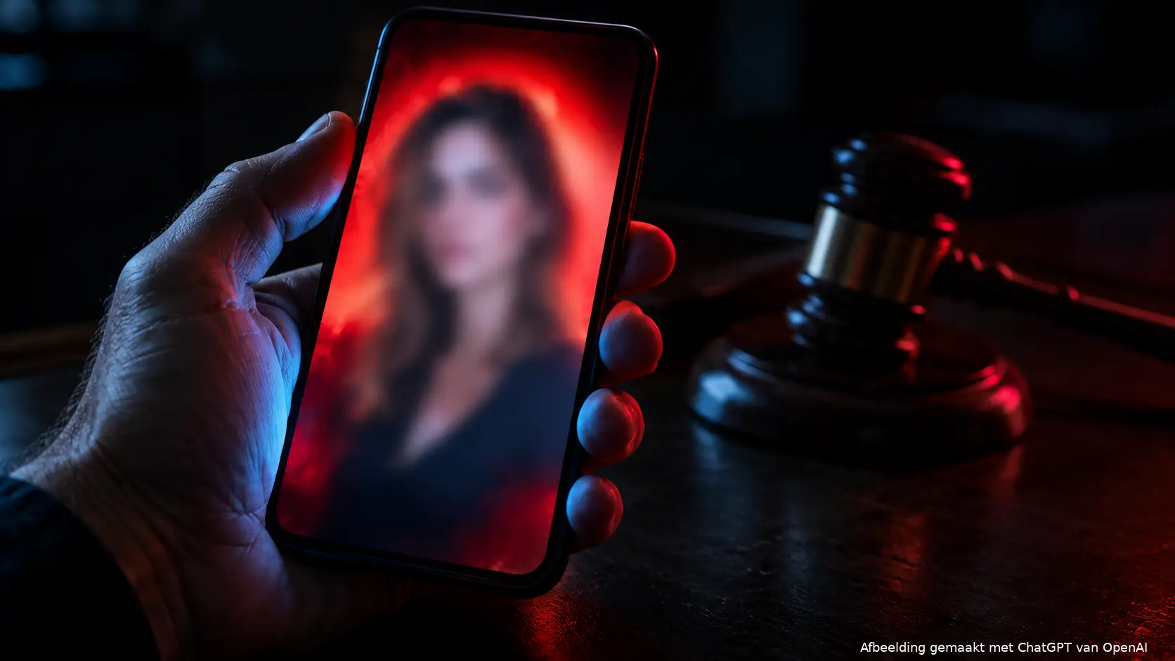 Hand met smartphone in een donkere kamer, op het scherm een wazige foto van een vrouw, symbool voor doxing door rapper Appa