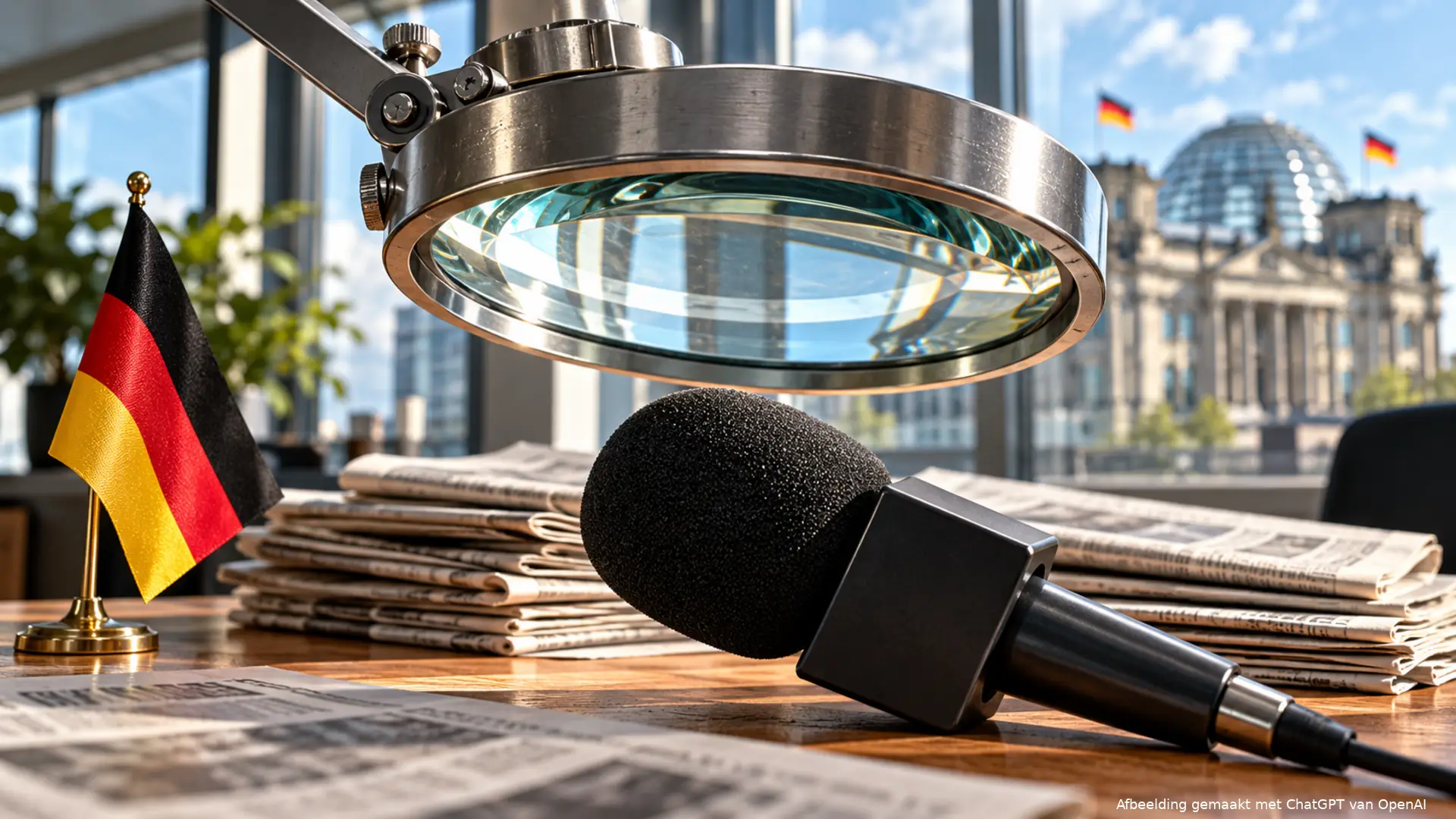 Dystopische illustratie van geautomatiseerde overheidscensuur en AI-toezicht op vrije media.