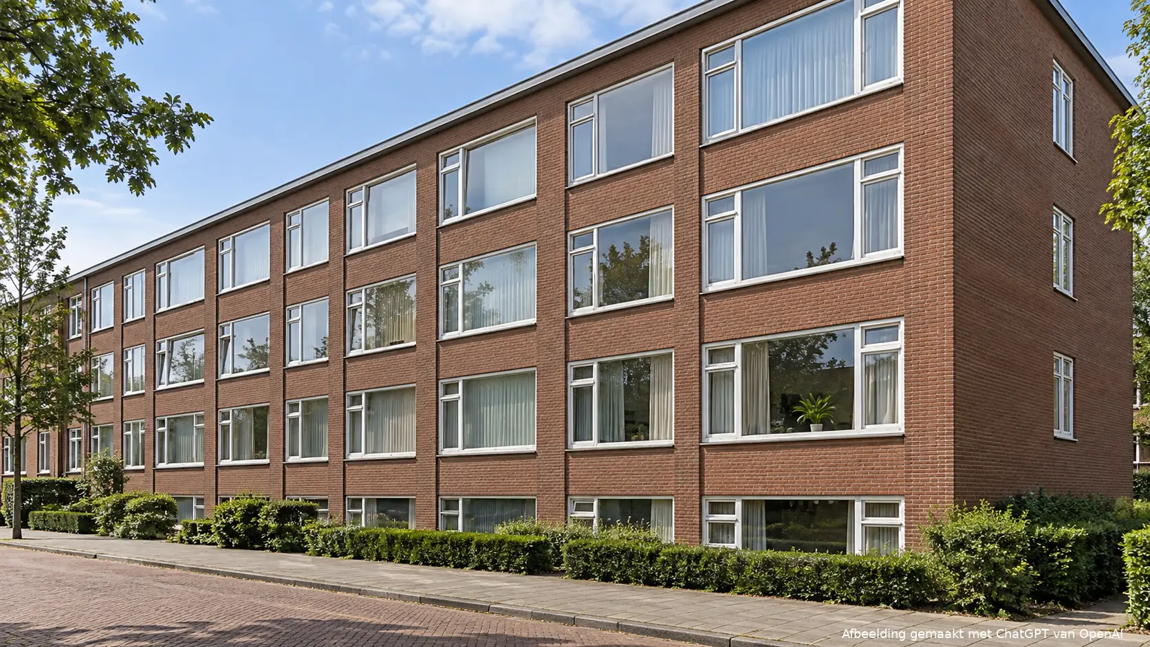 Bakstenen appartementencomplex met grote ramen en zonder balkons.
