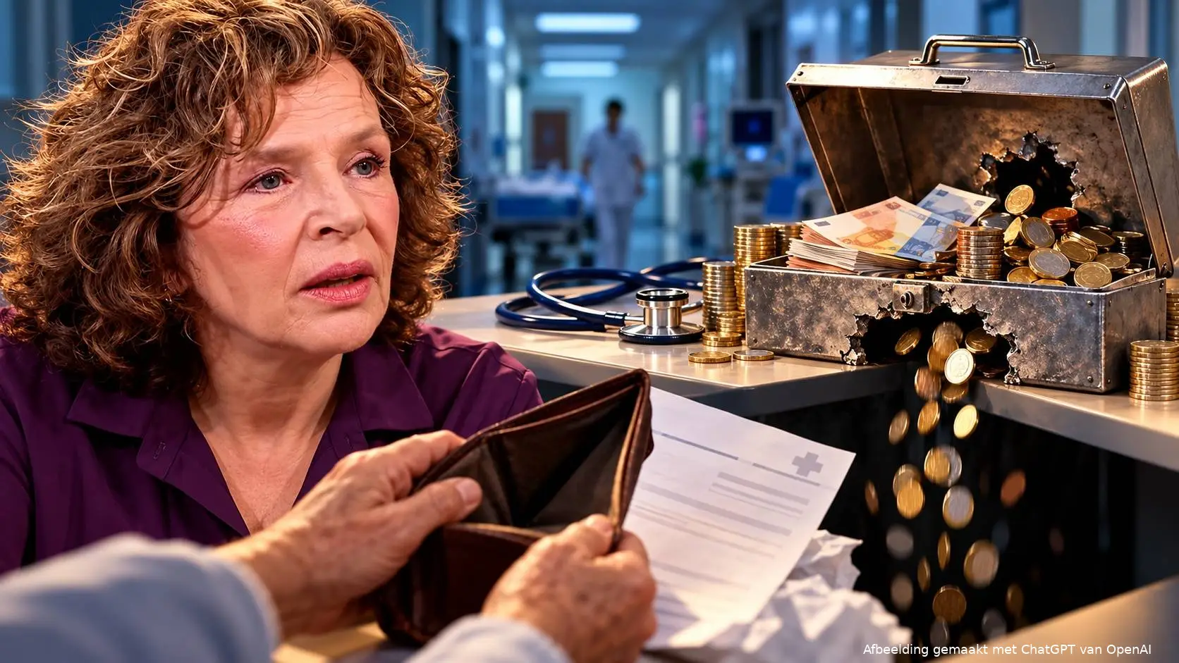 AI-Illustratie van Edith Schippers naast een lekkende geldkist met zorggeld, met op de voorgrond een lege portemonnee en een zorgrekening.
