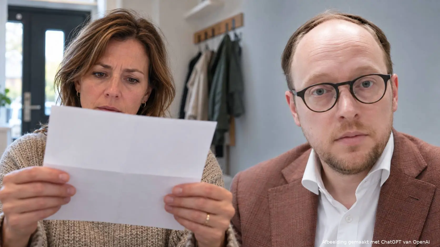 Redactionele fotomontage van een bezorgde vrouw met een geopende brief in haar hal, naast een portret van Eelco Eerenberg.