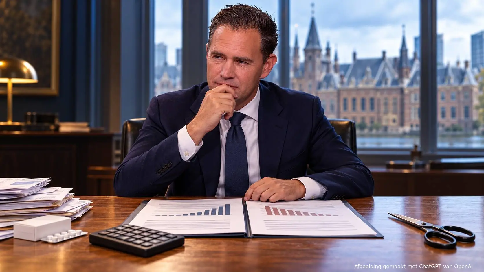 Illustratie van Eelco Heinen achter een tafel met begrotingspapieren, een rekenmachine, medicijnen en een gesloten schaar.