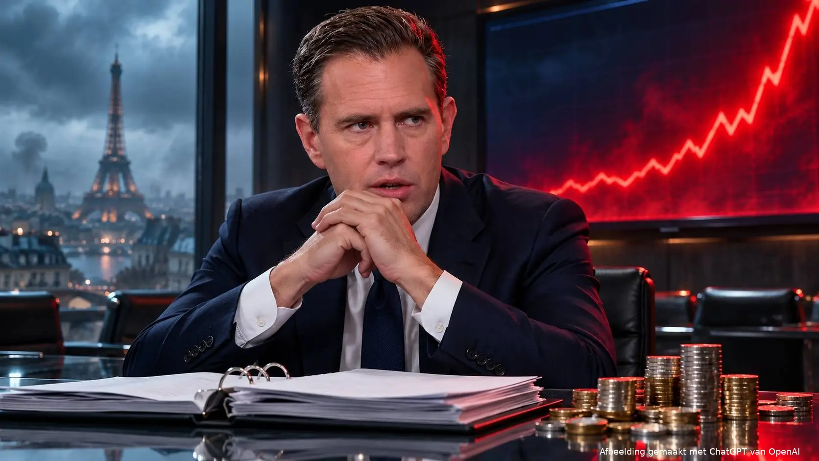 AI-Illustratie van Eelco Heinen voor een stijgende rode grafiek, met een pensioenmap en munten op tafel en Parijs op de achtergrond.
