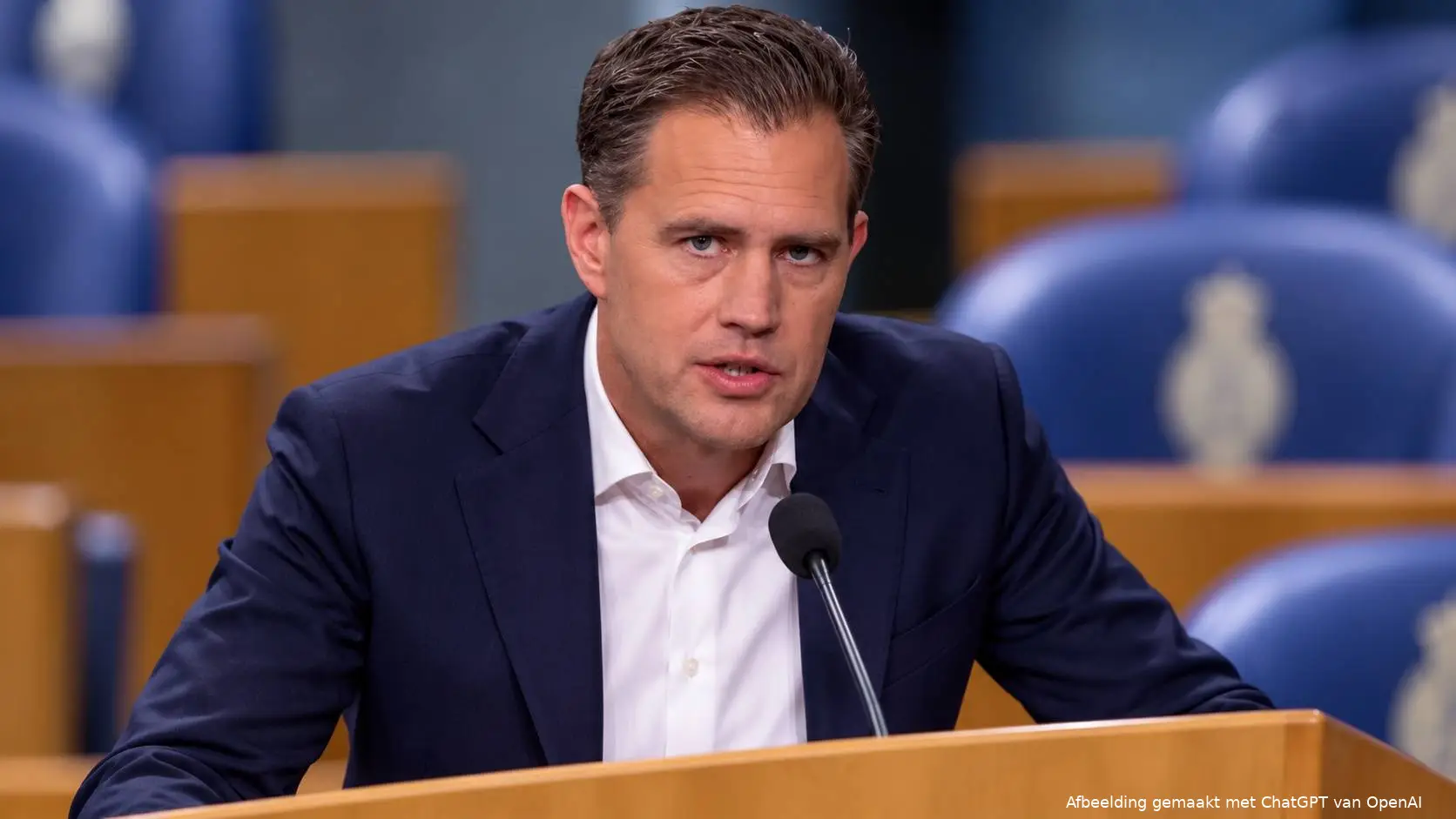 AI-illustratie van Eelco Heinen achter het spreekgestoelte in de Tweede Kamer, met blauwe Kamerbankjes op de achtergrond.
