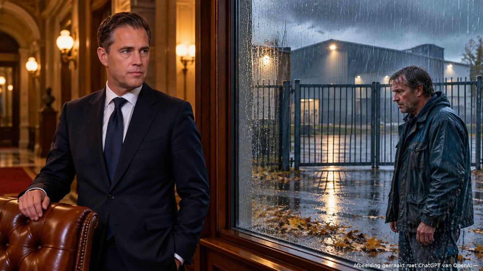 VVD-minister Eelco Heinen bij een leren fauteuil, terwijl buiten in de regen een werknemer voor een gesloten poort staat
