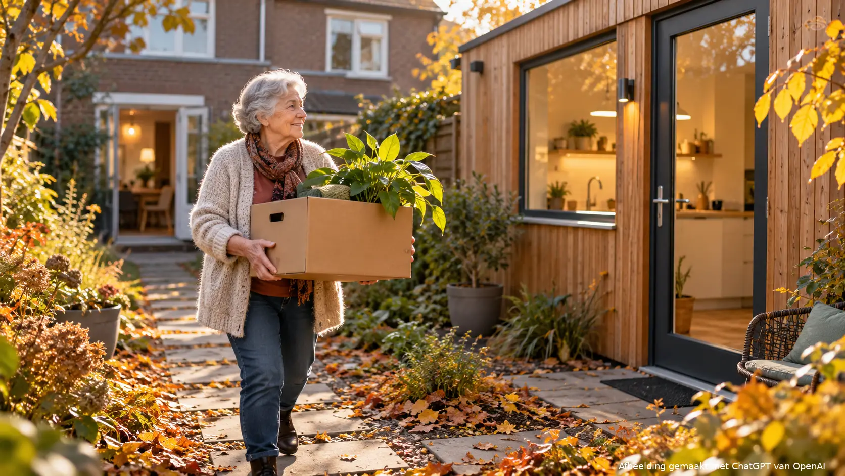 Oudere vrouw draagt een verhuisdoos met een kamerplant naar een houten tuinwoning in een herfstige achtertuin.