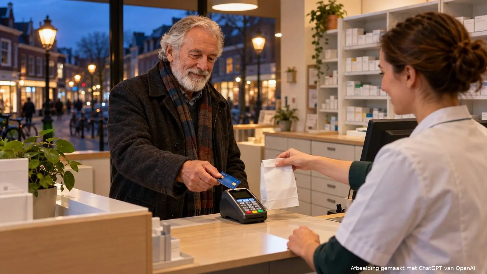 Oudere man met een grijze baard betaalt bij de balie van een apotheek met zijn pinpas