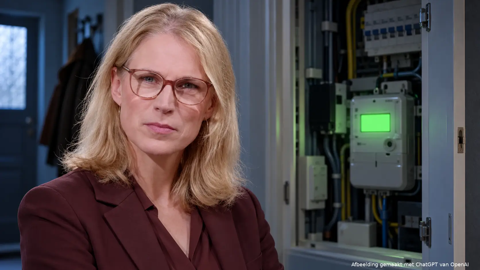 Illustratie van Elanor Boekholt-O’Sullivan naast een geopende meterkast met groen oplichtend display.