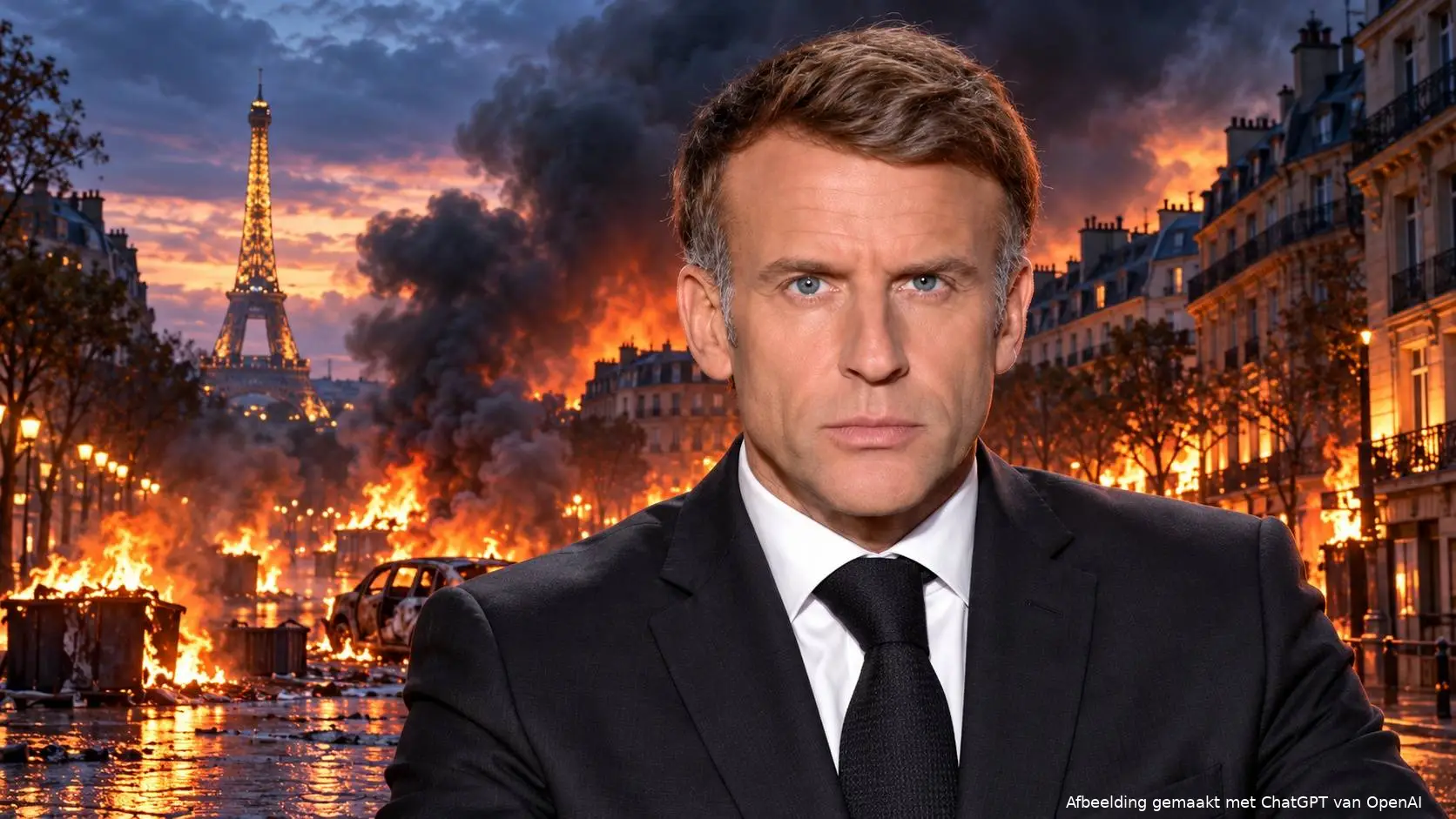 Symbolische illustratie van Emmanuel Macron met achter hem brandende containers, een uitgebrande auto en rookwolken boven Parijs, met de Eiffeltoren in de verte.