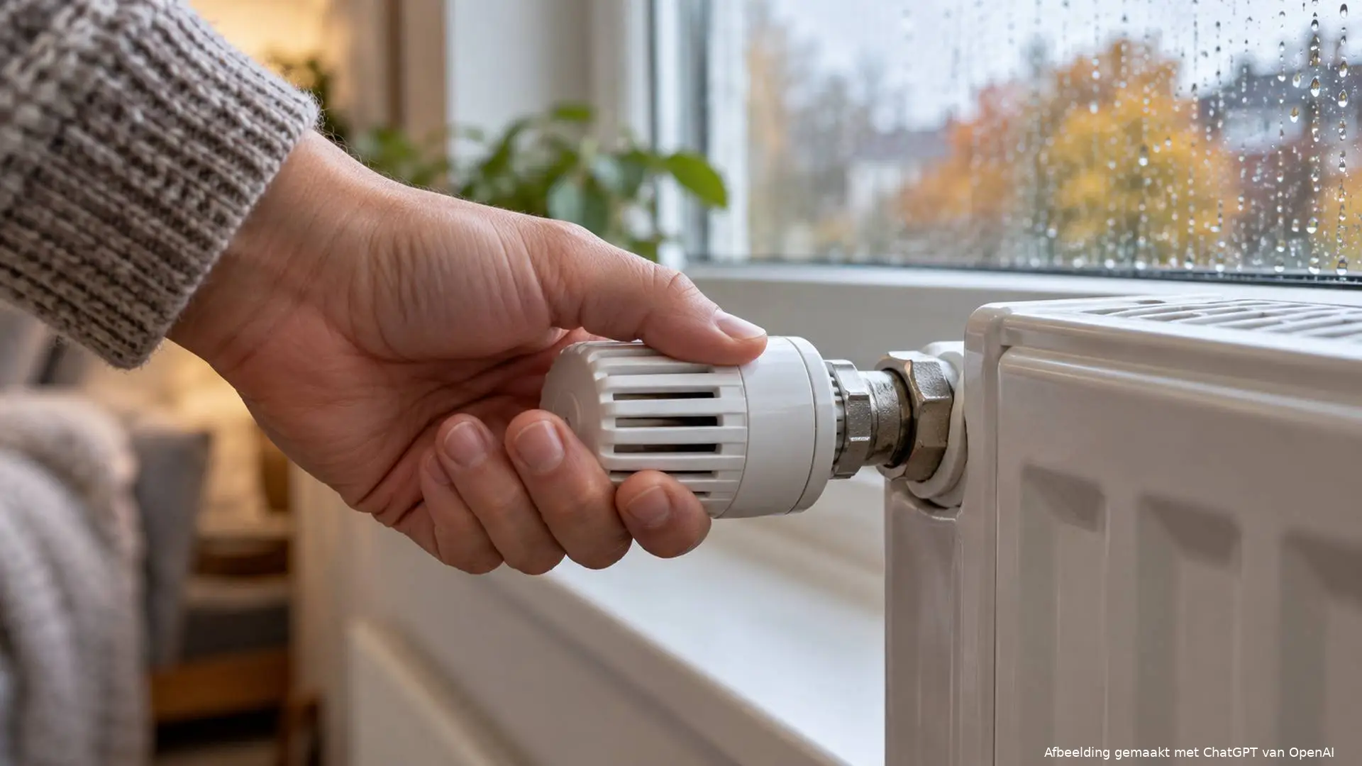 Hand aan een radiatorknop met een regenachtig raam op de achtergrond.